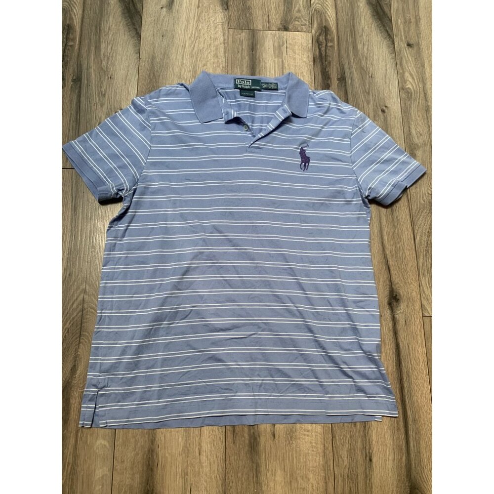 Polo by Ralph Lauren Mens L Blue White Striped Blue Medium Logo Custom Fit Polo